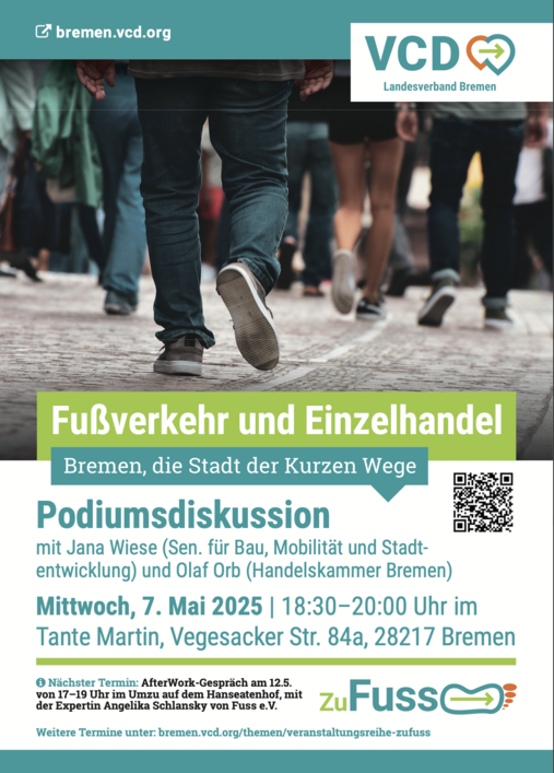 Plakat Zu Fuss 2 und 3 mit gehenden Menschen in einer Fußgängerzone nur halbe Körperansicht (wegen der raschen Abfolge im Mai). Jana Wiese fiel ungeplant aus; ihren Part übernahm kurzfristig der VCD