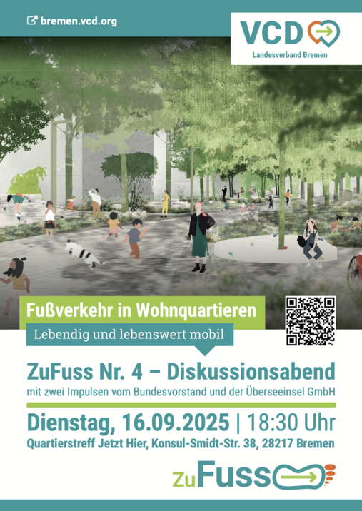 Plakat Zu Fuss 4 - Wohnquartiere - mit einer Illustration von ManMadeLand, Berlin. Man sieht Häuser, einen Park, Hunde, spielende Kinder und Menschen beim Flanieren, es wirkt hell und freundlich